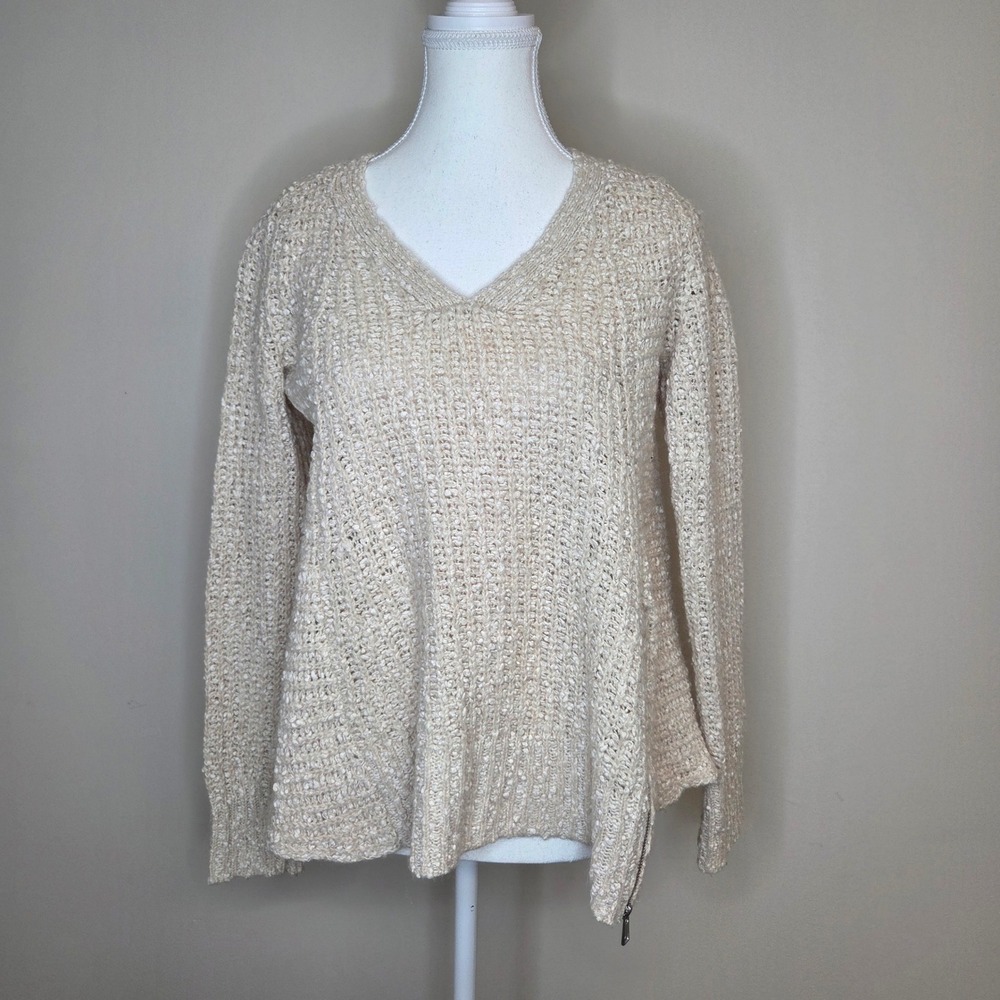 Moth Anthropologie V-Neck Sweater Side Zip Knit‎ Cotton Wool Blend Cream Small